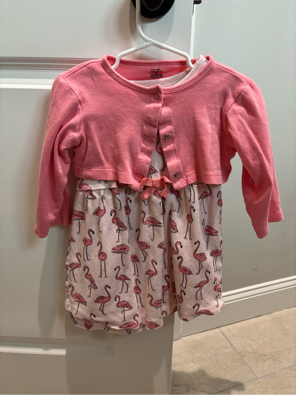Pink Flamingo Print Girls' Short Sleeve Dress with Pink Bolero